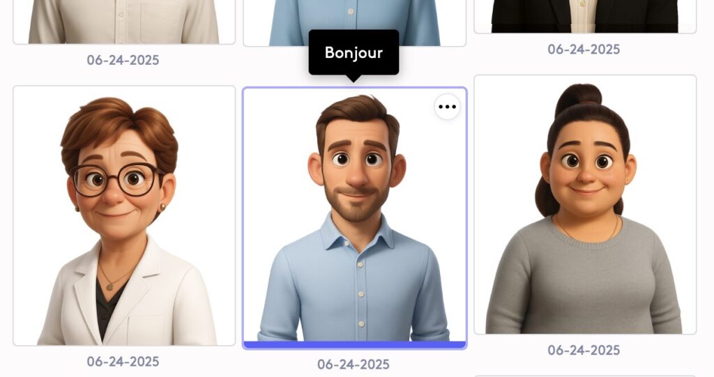 Three illustrated characters, two women and one man, are shown in individual frames with the date "06-24-2025" beneath each. A speech bubble above the man says "Bonjour.